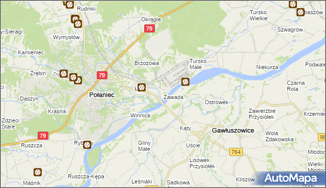 mapa Zawada gmina Połaniec, Zawada gmina Połaniec na mapie Targeo