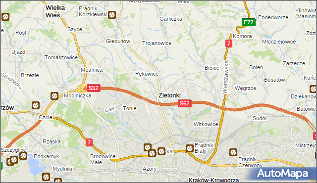 mapa Zielonki powiat krakowski, Zielonki powiat krakowski na mapie Targeo