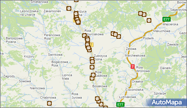 mapa Zubrzyca Dolna, Zubrzyca Dolna na mapie Targeo