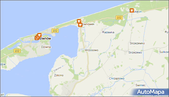 mapa Wrzosowo gmina Kamień Pomorski, Wrzosowo gmina Kamień Pomorski na mapie Targeo