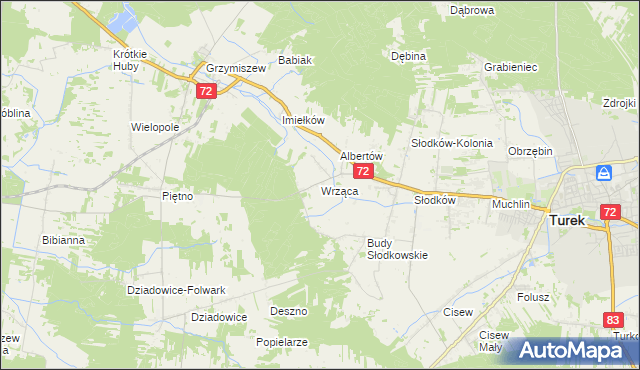 mapa Wrząca gmina Turek, Wrząca gmina Turek na mapie Targeo