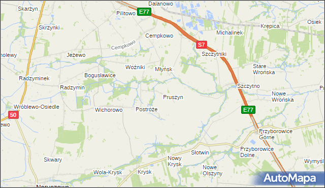 mapa Pruszyn gmina Płońsk, Pruszyn gmina Płońsk na mapie Targeo