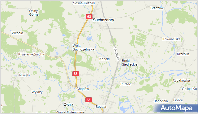 mapa Kopcie gmina Suchożebry, Kopcie gmina Suchożebry na mapie Targeo