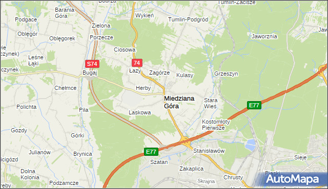 mapa Miedziana Góra powiat kielecki, Miedziana Góra powiat kielecki na mapie Targeo