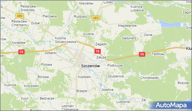 mapa Załuże gmina Szczerców, Załuże gmina Szczerców na mapie Targeo