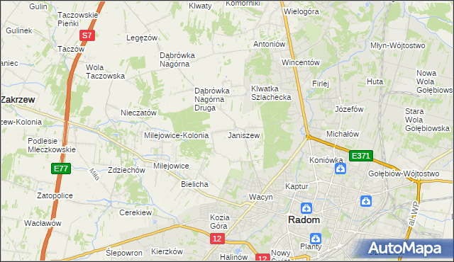 mapa Janiszew gmina Zakrzew, Janiszew gmina Zakrzew na mapie Targeo