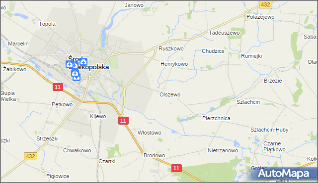 mapa Olszewo gmina Środa Wielkopolska, Olszewo gmina Środa Wielkopolska na mapie Targeo