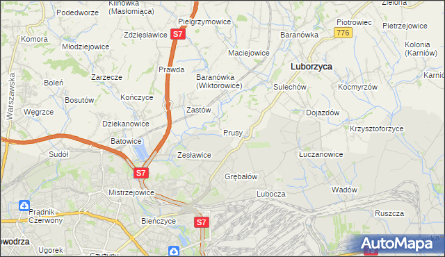 mapa Prusy gmina Kocmyrzów-Luborzyca, Prusy gmina Kocmyrzów-Luborzyca na mapie Targeo