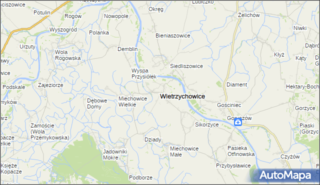 mapa Wietrzychowice powiat tarnowski, Wietrzychowice powiat tarnowski na mapie Targeo