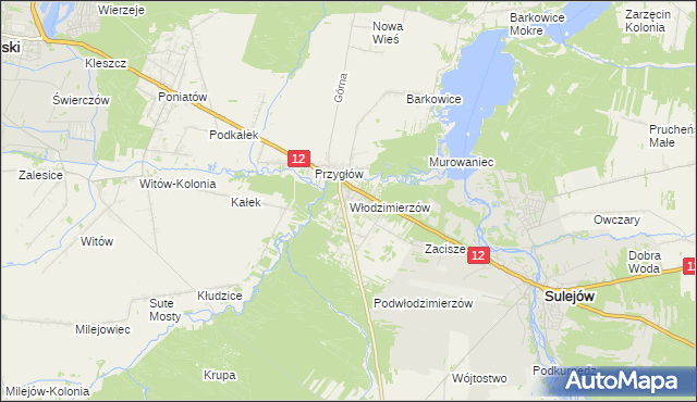 mapa Włodzimierzów gmina Sulejów, Włodzimierzów gmina Sulejów na mapie Targeo