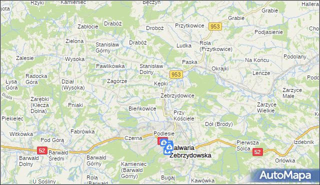 mapa Zebrzydowice gmina Kalwaria Zebrzydowska, Zebrzydowice gmina Kalwaria Zebrzydowska na mapie Targeo
