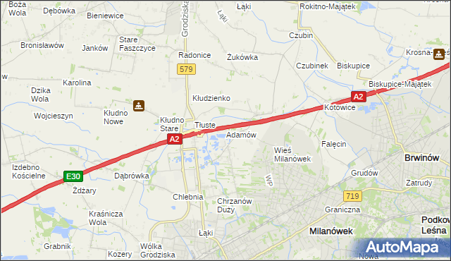 mapa Adamów gmina Grodzisk Mazowiecki, Adamów gmina Grodzisk Mazowiecki na mapie Targeo