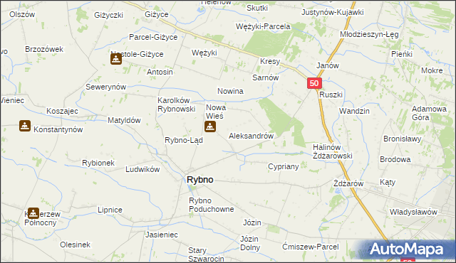 mapa Aleksandrów gmina Rybno, Aleksandrów gmina Rybno na mapie Targeo