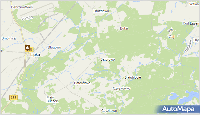 mapa Batorowo gmina Lipka, Batorowo gmina Lipka na mapie Targeo