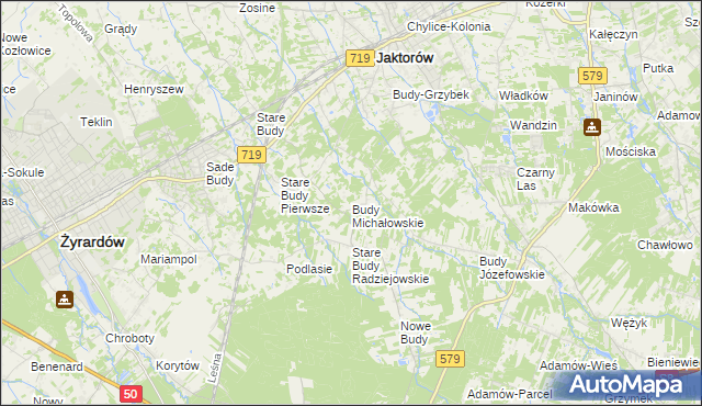 mapa Budy Michałowskie gmina Jaktorów, Budy Michałowskie gmina Jaktorów na mapie Targeo