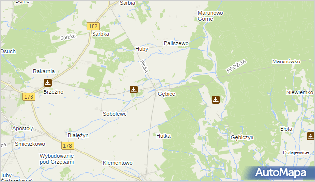mapa Gębice gmina Czarnków, Gębice gmina Czarnków na mapie Targeo