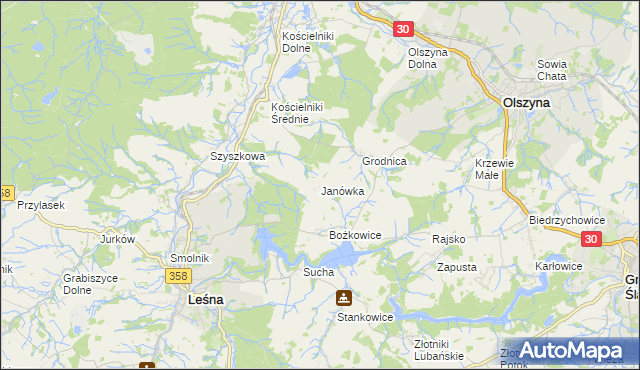 mapa Janówka gmina Leśna, Janówka gmina Leśna na mapie Targeo