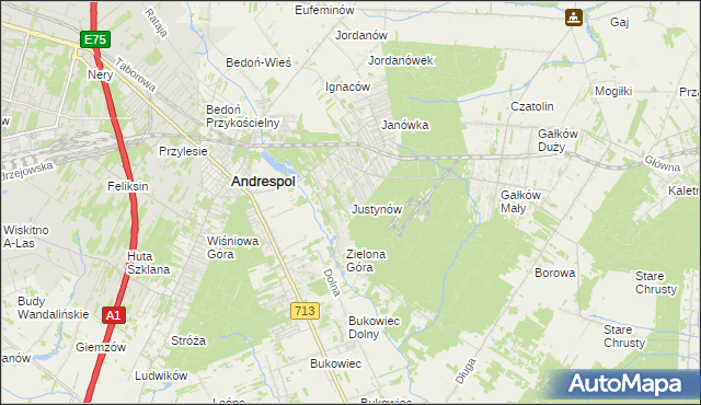 mapa Justynów gmina Andrespol, Justynów gmina Andrespol na mapie Targeo