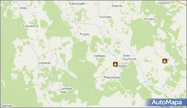 mapa Kiełbasy gmina Rozogi, Kiełbasy gmina Rozogi na mapie Targeo