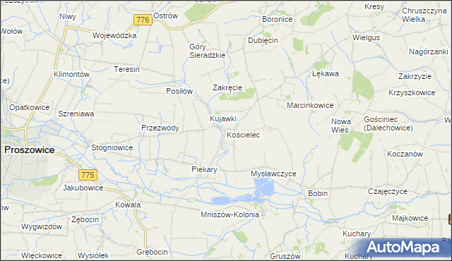 mapa Kościelec gmina Proszowice, Kościelec gmina Proszowice na mapie Targeo