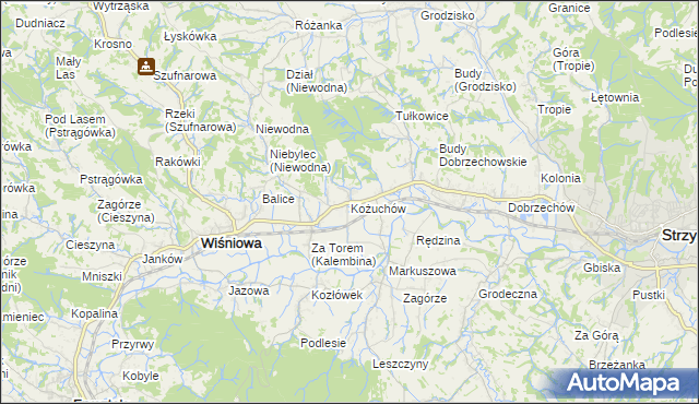mapa Kożuchów gmina Wiśniowa, Kożuchów gmina Wiśniowa na mapie Targeo