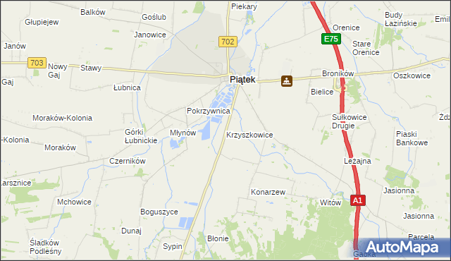 mapa Krzyszkowice gmina Piątek, Krzyszkowice gmina Piątek na mapie Targeo