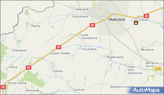 mapa Krzyżowice gmina Głubczyce, Krzyżowice gmina Głubczyce na mapie Targeo