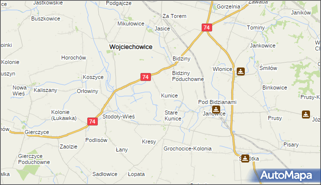 mapa Kunice gmina Wojciechowice, Kunice gmina Wojciechowice na mapie Targeo