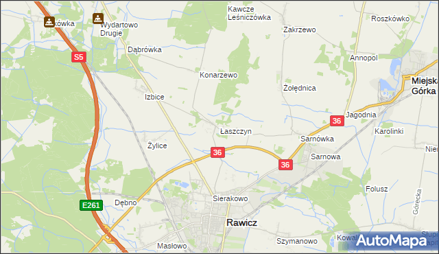 mapa Łaszczyn gmina Rawicz, Łaszczyn gmina Rawicz na mapie Targeo