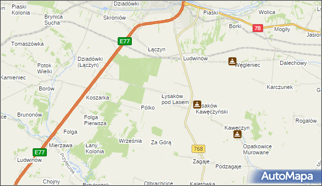 mapa Łysaków pod Lasem, Łysaków pod Lasem na mapie Targeo