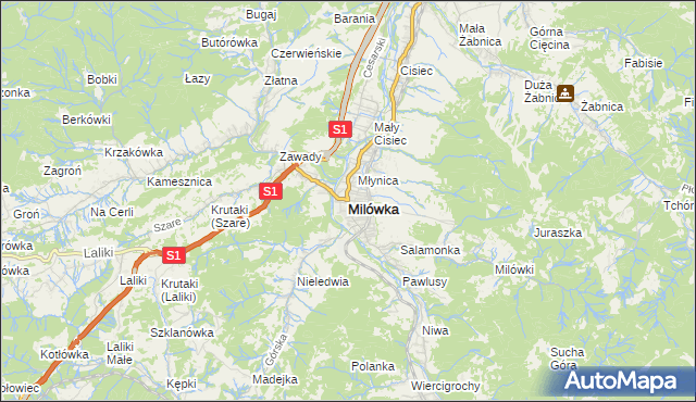 mapa Milówka powiat żywiecki, Milówka powiat żywiecki na mapie Targeo