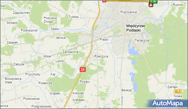 mapa Rzeczyca gmina Międzyrzec Podlaski, Rzeczyca gmina Międzyrzec Podlaski na mapie Targeo