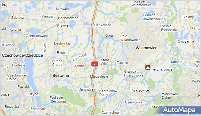 mapa Stara Wieś gmina Wilamowice, Stara Wieś gmina Wilamowice na mapie Targeo