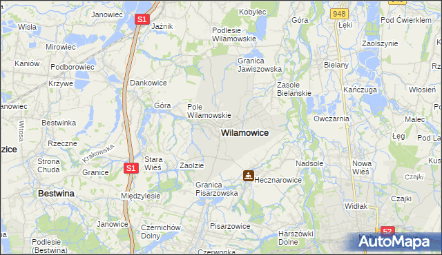 mapa Wilamowice powiat bielski, Wilamowice powiat bielski na mapie Targeo