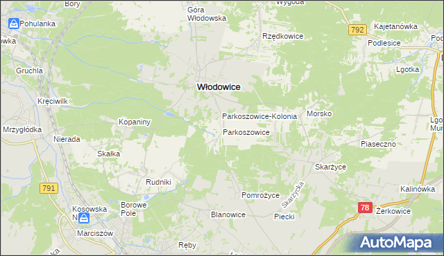 mapa Parkoszowice gmina Włodowice, Parkoszowice gmina Włodowice na mapie Targeo