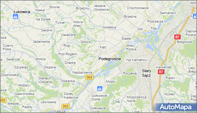 mapa Podegrodzie powiat nowosądecki, Podegrodzie powiat nowosądecki na mapie Targeo