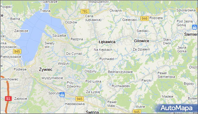 mapa Rychwałd gmina Gilowice, Rychwałd gmina Gilowice na mapie Targeo