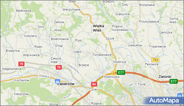 mapa Tomaszowice gmina Wielka Wieś, Tomaszowice gmina Wielka Wieś na mapie Targeo