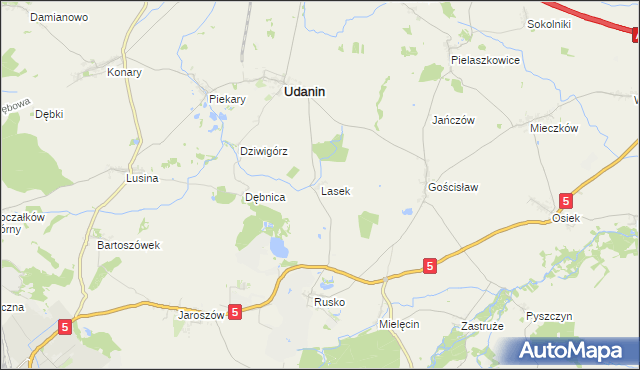 mapa Lasek gmina Udanin, Lasek gmina Udanin na mapie Targeo
