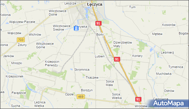 mapa Lubień gmina Łęczyca, Lubień gmina Łęczyca na mapie Targeo