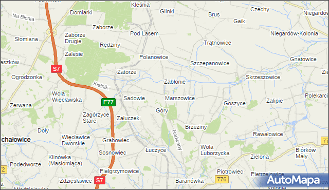 mapa Marszowice gmina Kocmyrzów-Luborzyca, Marszowice gmina Kocmyrzów-Luborzyca na mapie Targeo