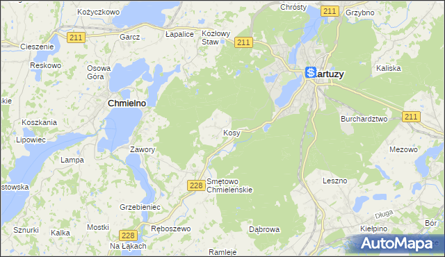 mapa Kosy gmina Kartuzy, Kosy gmina Kartuzy na mapie Targeo