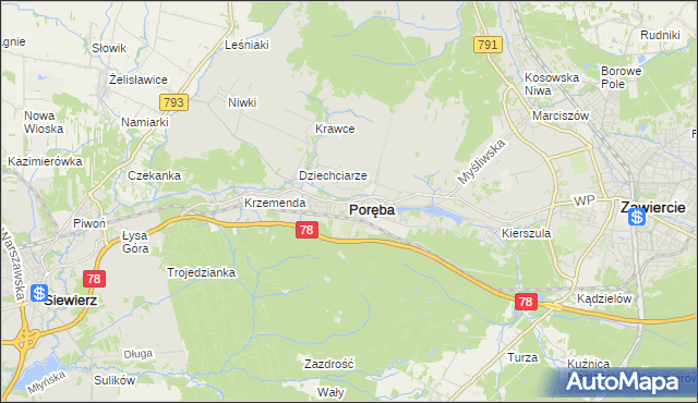 mapa Poręba powiat zawierciański, Poręba powiat zawierciański na mapie Targeo