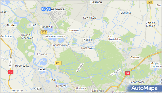 mapa Raszowa gmina Leśnica, Raszowa gmina Leśnica na mapie Targeo