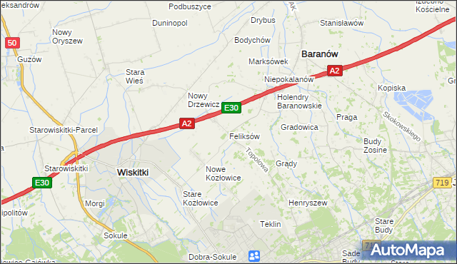 mapa Feliksów gmina Wiskitki, Feliksów gmina Wiskitki na mapie Targeo