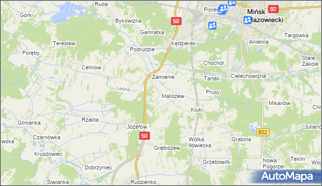mapa Maliszew gmina Mińsk Mazowiecki, Maliszew gmina Mińsk Mazowiecki na mapie Targeo