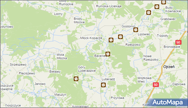 mapa Baraniec gmina Ojrzeń, Baraniec gmina Ojrzeń na mapie Targeo