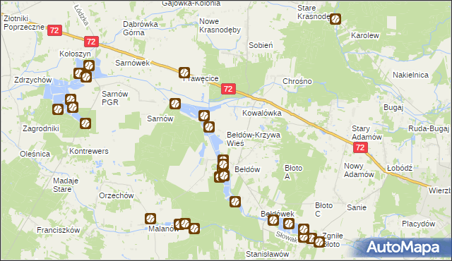 mapa Bełdów-Krzywa Wieś, Bełdów-Krzywa Wieś na mapie Targeo