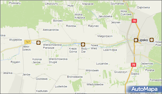 mapa Boży Dar gmina Lipsko, Boży Dar gmina Lipsko na mapie Targeo