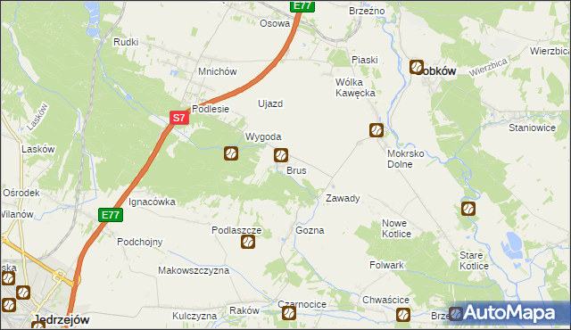 mapa Brus gmina Jędrzejów, Brus gmina Jędrzejów na mapie Targeo